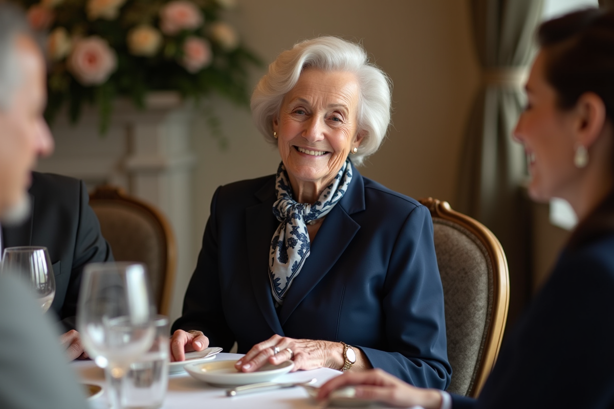 Femme en costume assise à une table de mariage intérieur