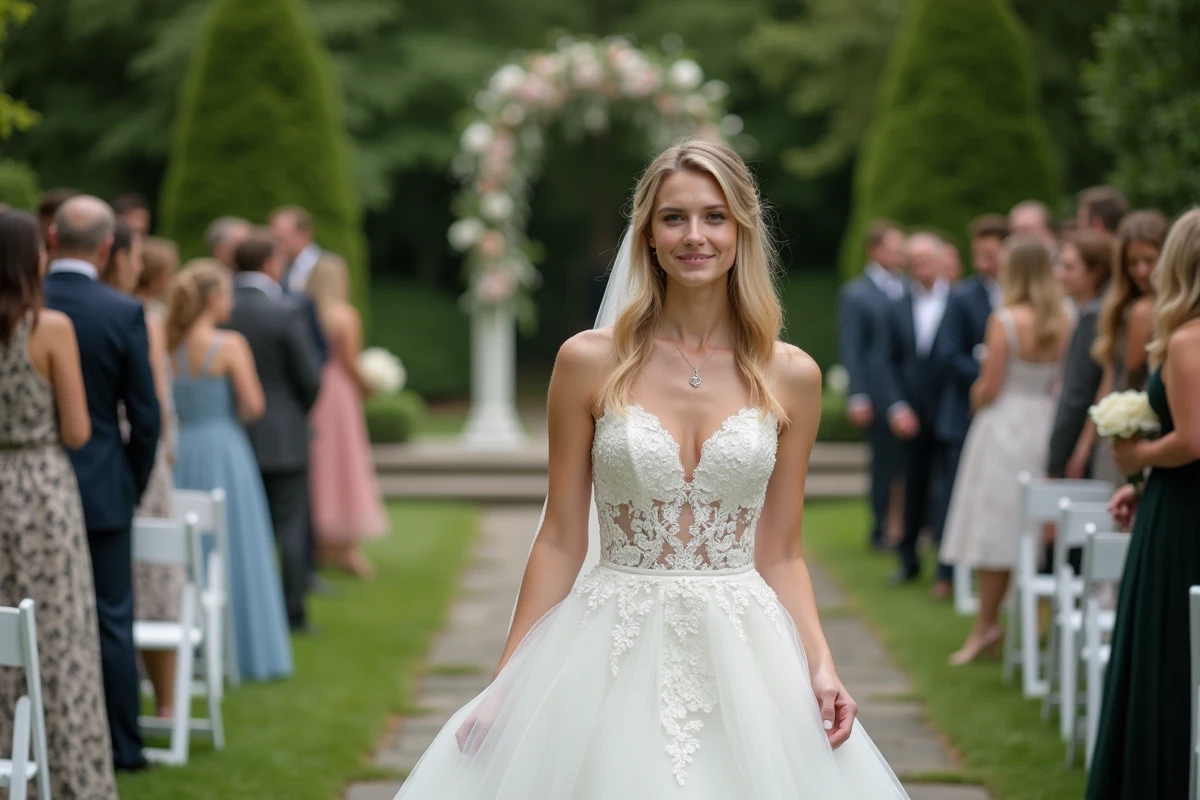 Jeune femme en robe blanche lors d&rsquo;un mariage en plein air