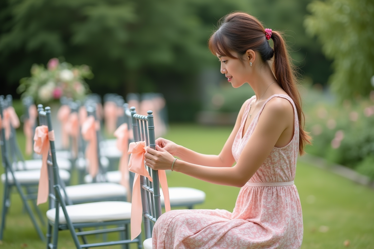 Jeune femme en robe pastel attachant un ruban sur une chaise