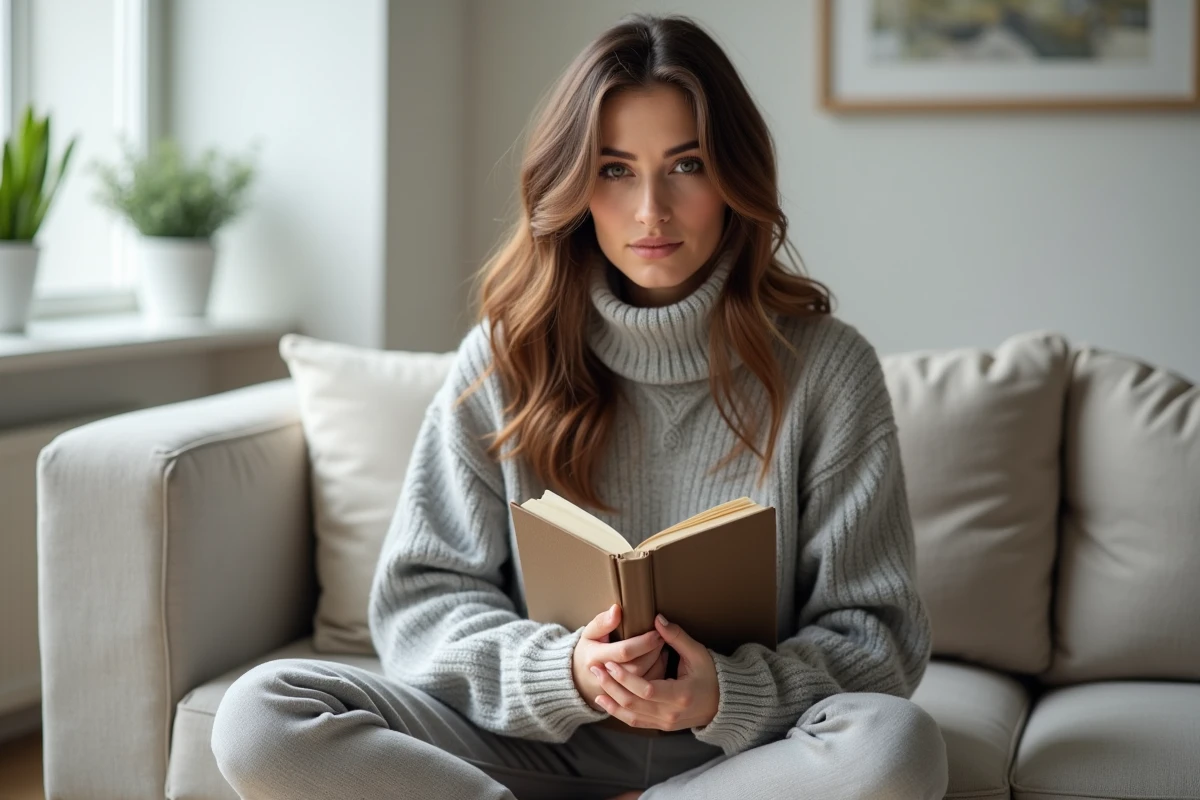 Femme sereine dans son salon minimaliste protégeant son espace privé et son intimité