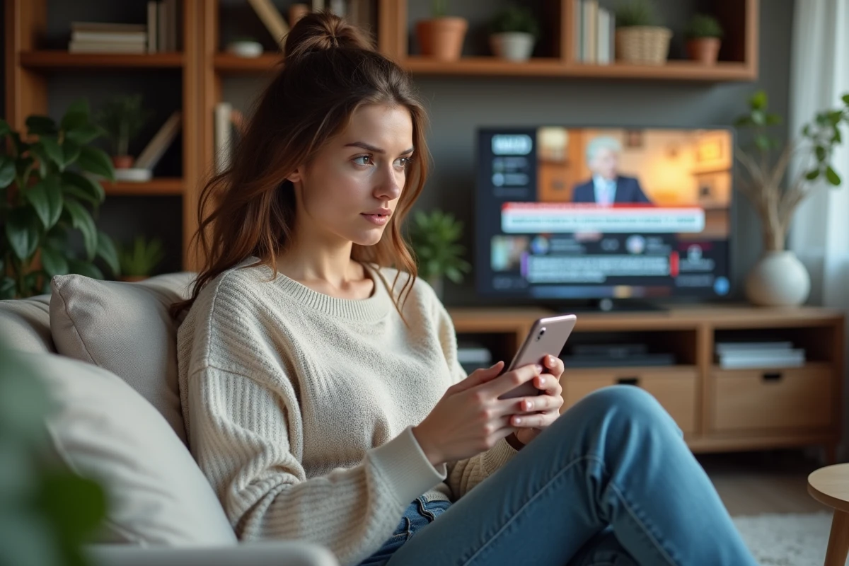 Jeune femme assise sur un canapé utilisant son smartphone à la maison