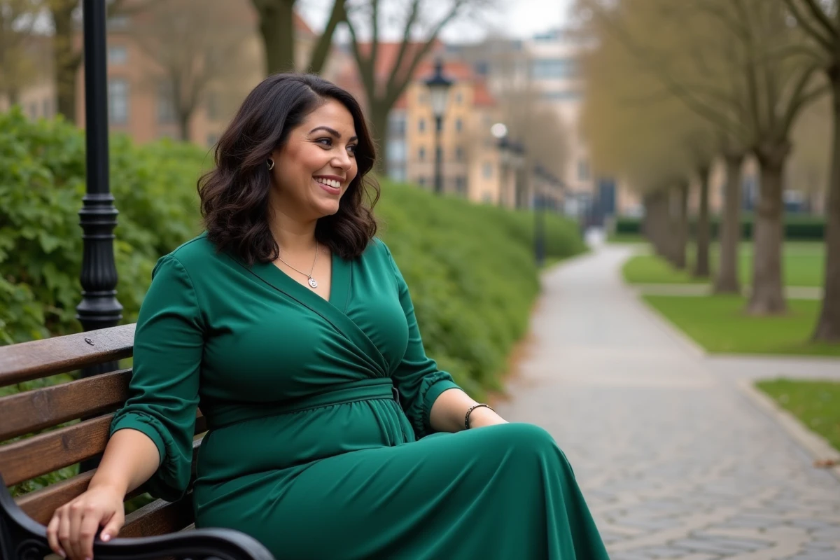 Femme confiante assise dans un parc portant robe verte