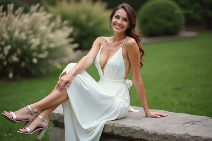 Femme souriante en robe blanche dans un jardin fleuri
