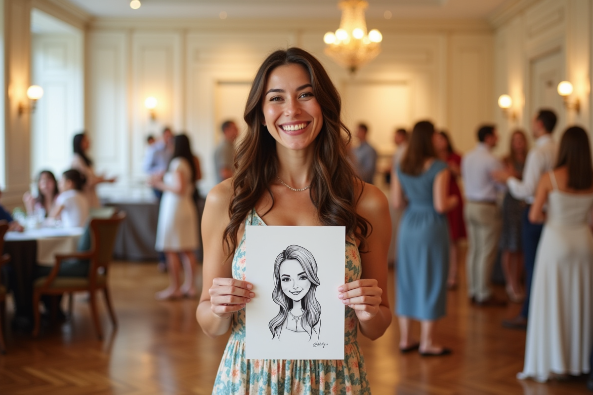Jeune femme souriante admirant un portrait caricature lors d