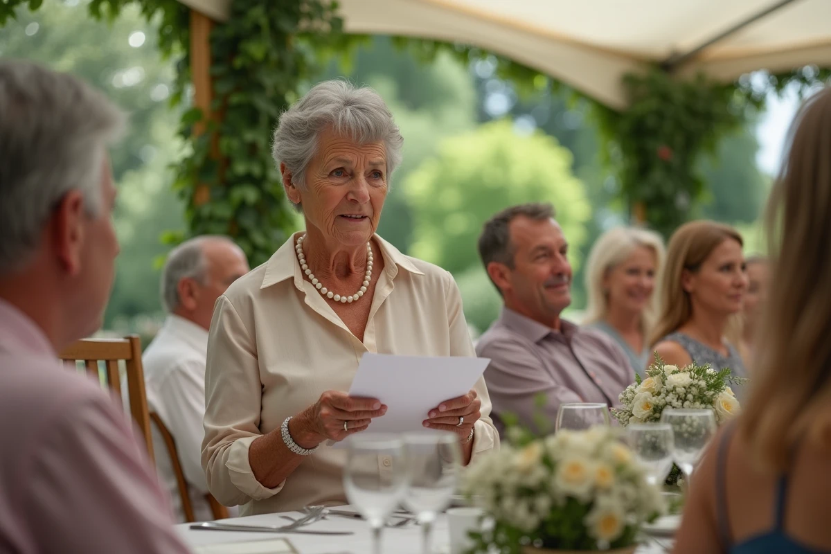 Femme &acirc;g&eacute;e lisant un discours dans un jardin