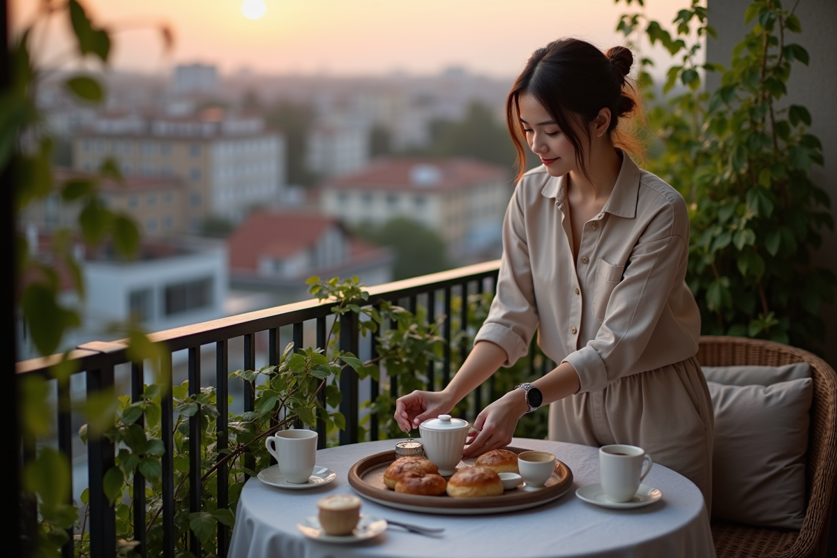 Jeune femme préparant une tisane sur un balcon en ville au crépuscule