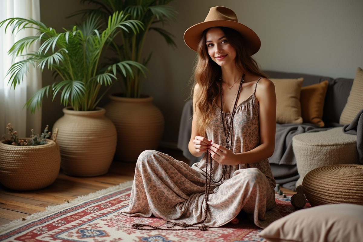 Jeune femme en robe longue et chapeau dans un intérieur cozy