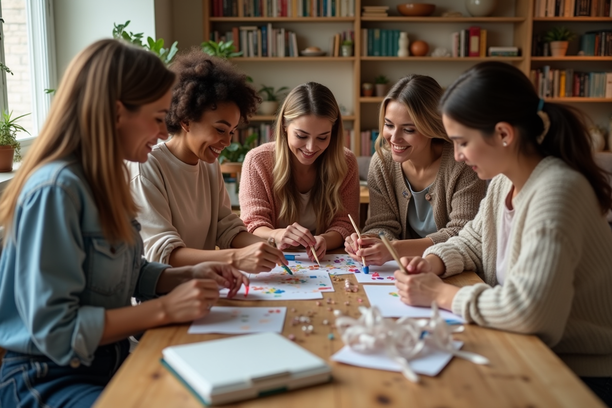 Femmes créant des decorations DIY pour EVJF dans un salon chaleureux