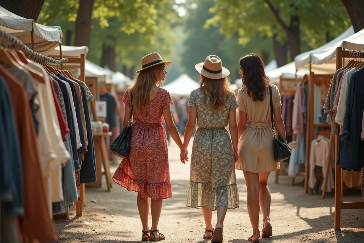 Trois femmes regardant des robes dans un marché en plein air