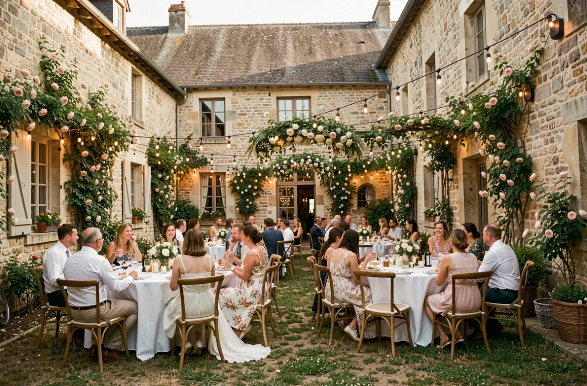 Cour de la Ferme du Bois aux Dames décorée avec tables fleuries pour un mariage en plein air en Seine-et-Marne