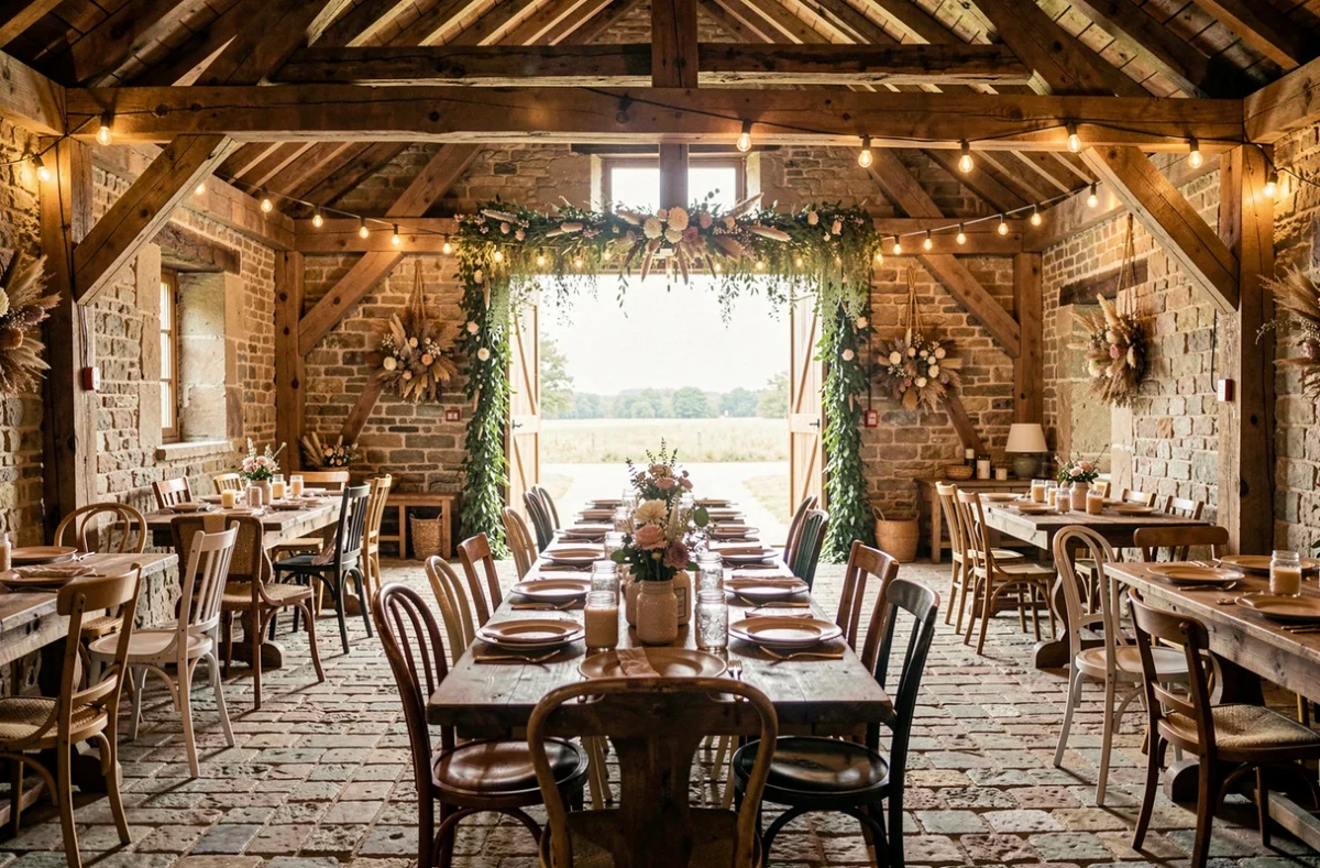 Intérieur de la Ferme de l'Épinette aménagée en salle de réception de mariage, avec poutres apparentes, murs en pierre et décoration champêtre
