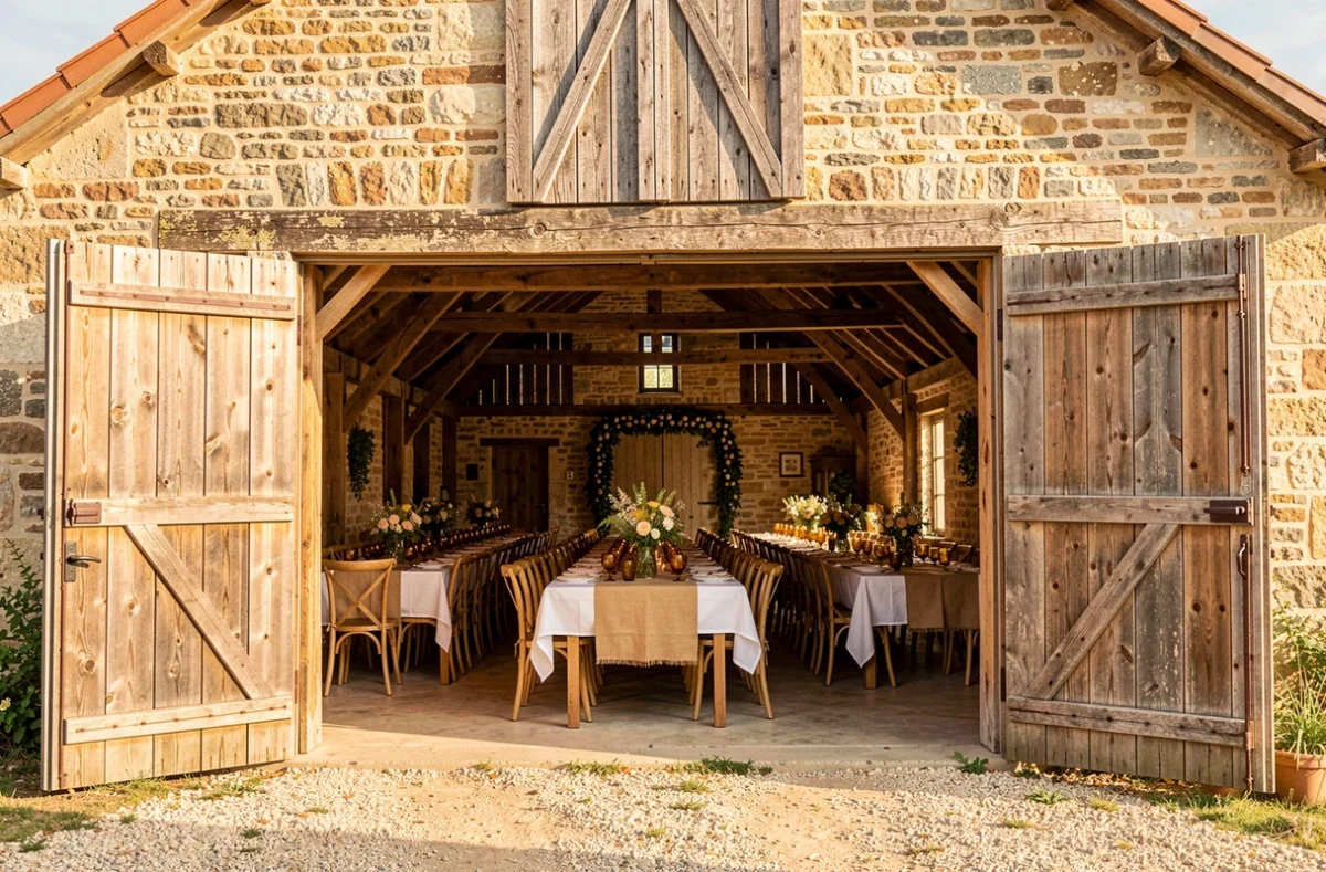 Intérieur de la grange de la Ferme de la Haute Maison décorée pour un mariage champêtre en Seine-et-Marne