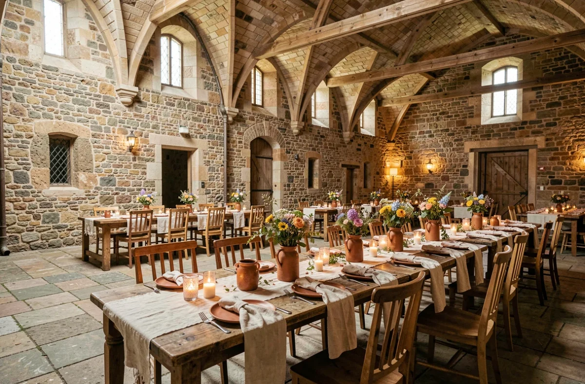 Intérieur de la grange des Templiers transformée en salle de banquet de mariage avec longues tables rustiques, voûtes en pierre et décoration champêtre en céramique