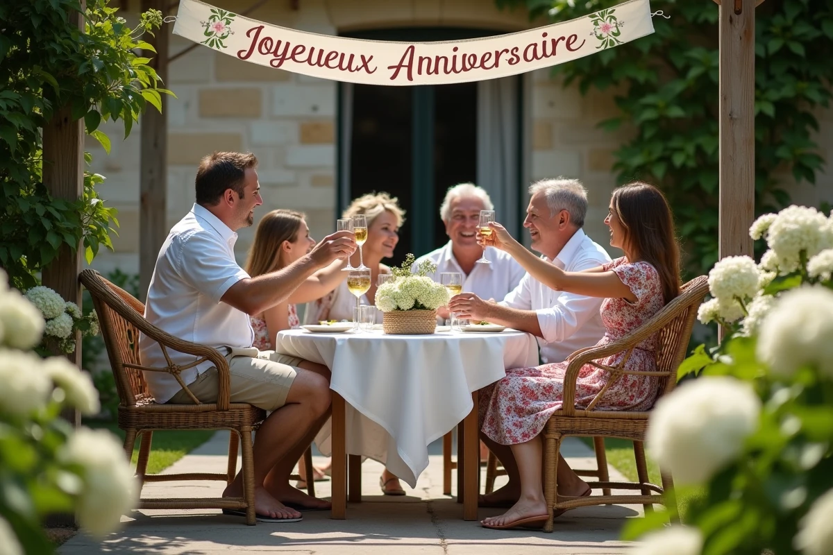 Réunion de famille en plein air pour un anniversaire de mariage, belle-famille et proches portant un toast dans un jardin fleuri