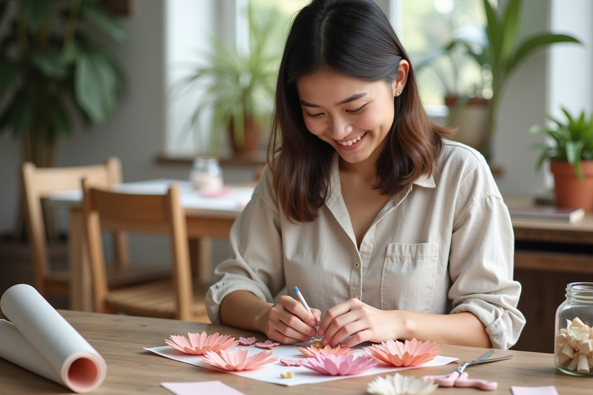 Jeune femme créant des fleurs en papier dans un atelier lumineux