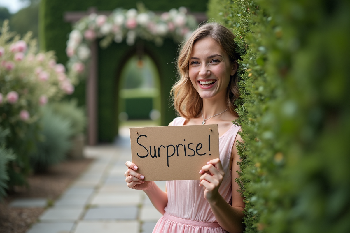 Jeune femme en extérieur tenant un panneau surprise dans un jardin fleuri