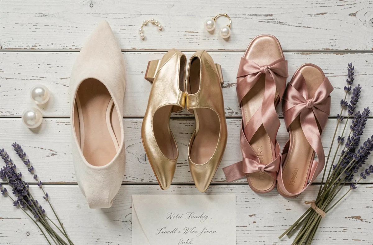 Flat lay de trois paires de chaussures de mariée à petit talon — escarpin ivoire, talon T doré et mule en satin rose poudré — avec accessoires de mariage sur bois blanchi