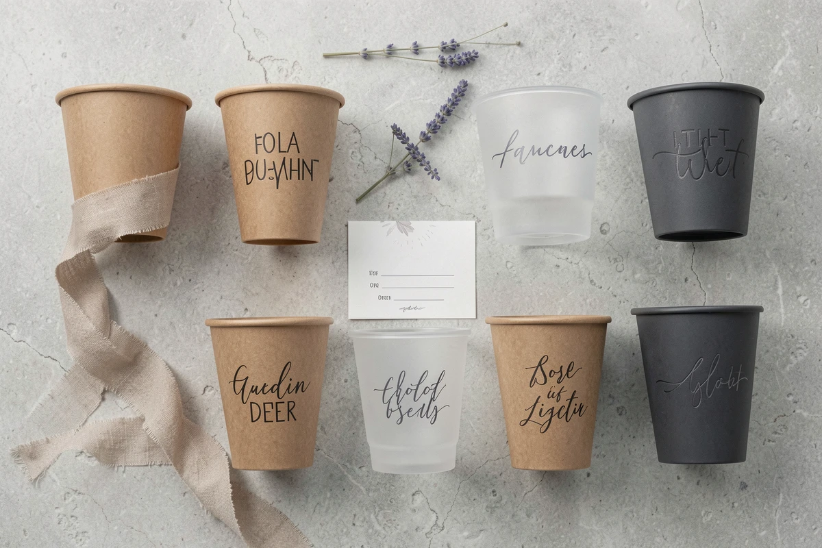 Flat lay élégant de eco cups personnalisés pour mariage en différentes finitions kraft, givré et anthracite mat avec typographies variées, ruban en lin et lavande séchée sur fond en pierre grise