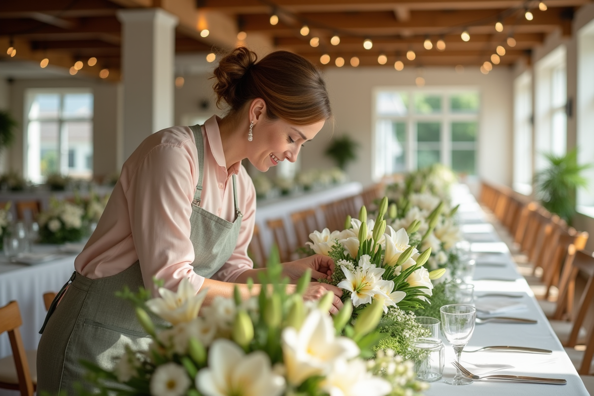 Fleuriste en train de préparer des centres de table floraux