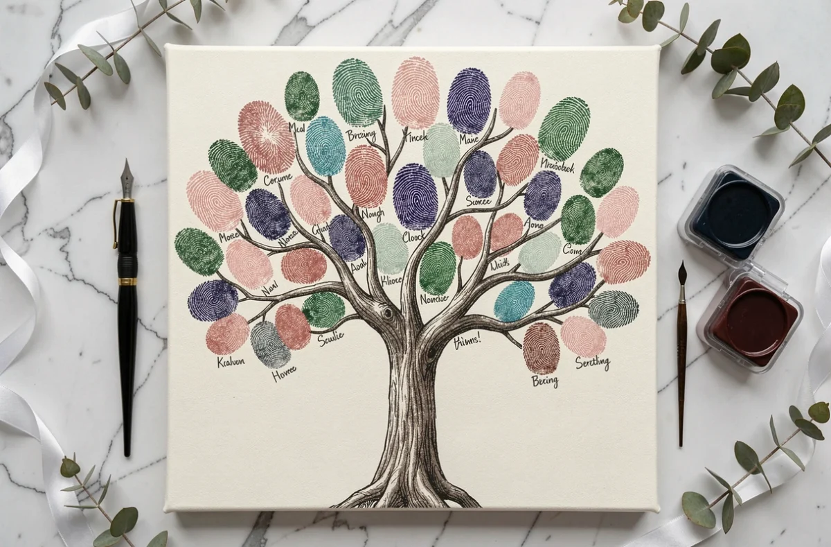 Gros plan d'un arbre à empreinte mariage complété avec des doigts colorés et prénoms calligraphiés sur toile