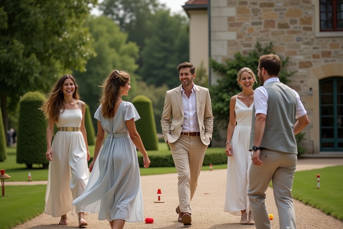 Groupe d'amis en tenue élégante jouant à la pétanque lors d'un mariage en extérieur