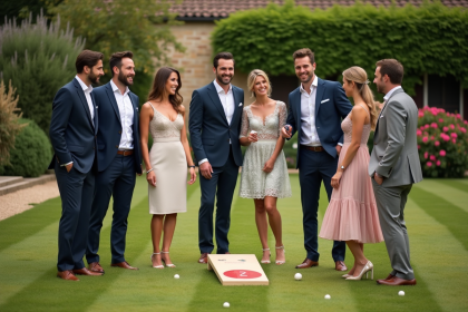 Groupe d'adultes élégants jouant à la pétanque dans un jardin chic