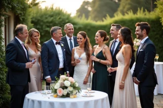 Groupe d'amis souriants autour d'un photobooth lors d'un mariage en extérieur