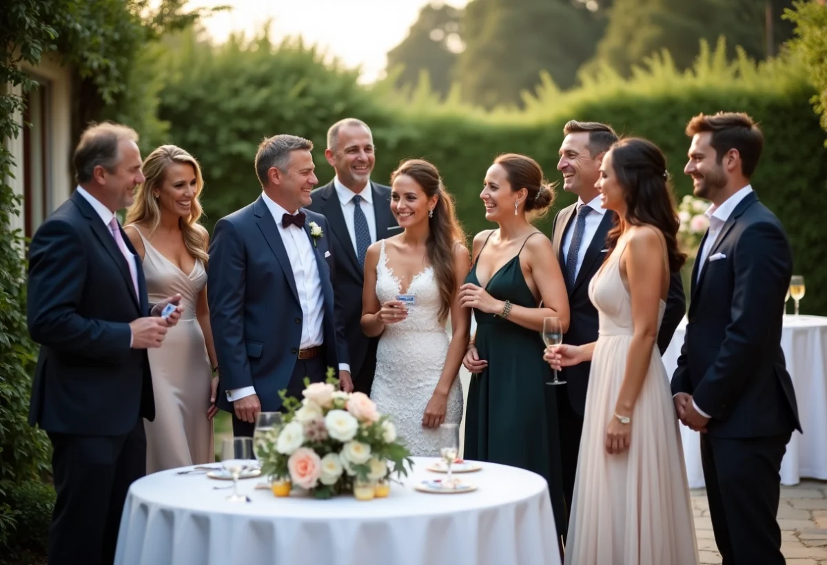 Groupe d'amis souriants autour d'un photobooth lors d'un mariage en extérieur