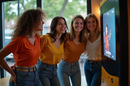 Groupe d'amis souriants devant un photobooth en intérieur