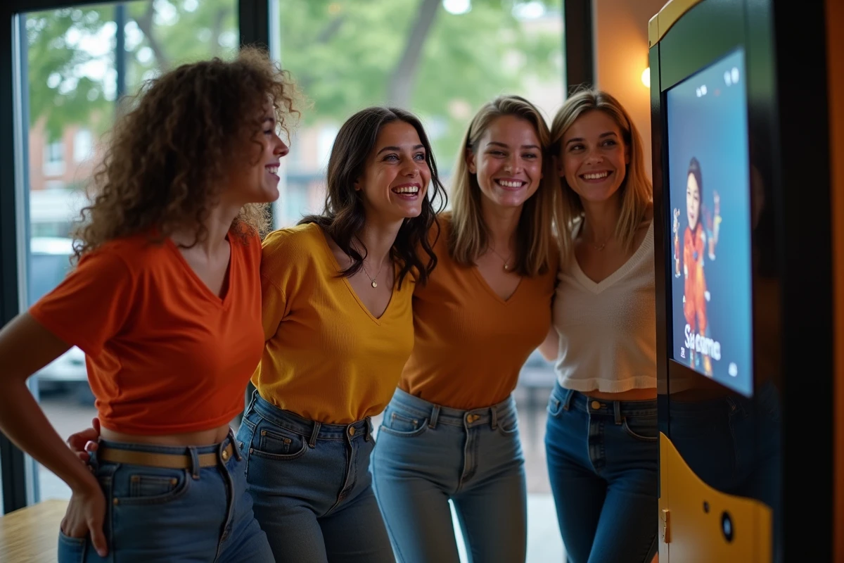 Groupe d'amis souriants devant un photobooth en intérieur