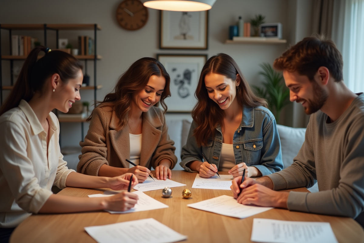 Groupe d'amis autour d'une table en intérieur lors d'une réunion conviviale