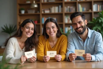 Groupe d'amis souriants avec cartes signe zodiac