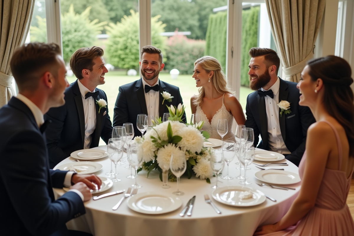 Groupe d'adultes élégants lors d'un mariage convivial