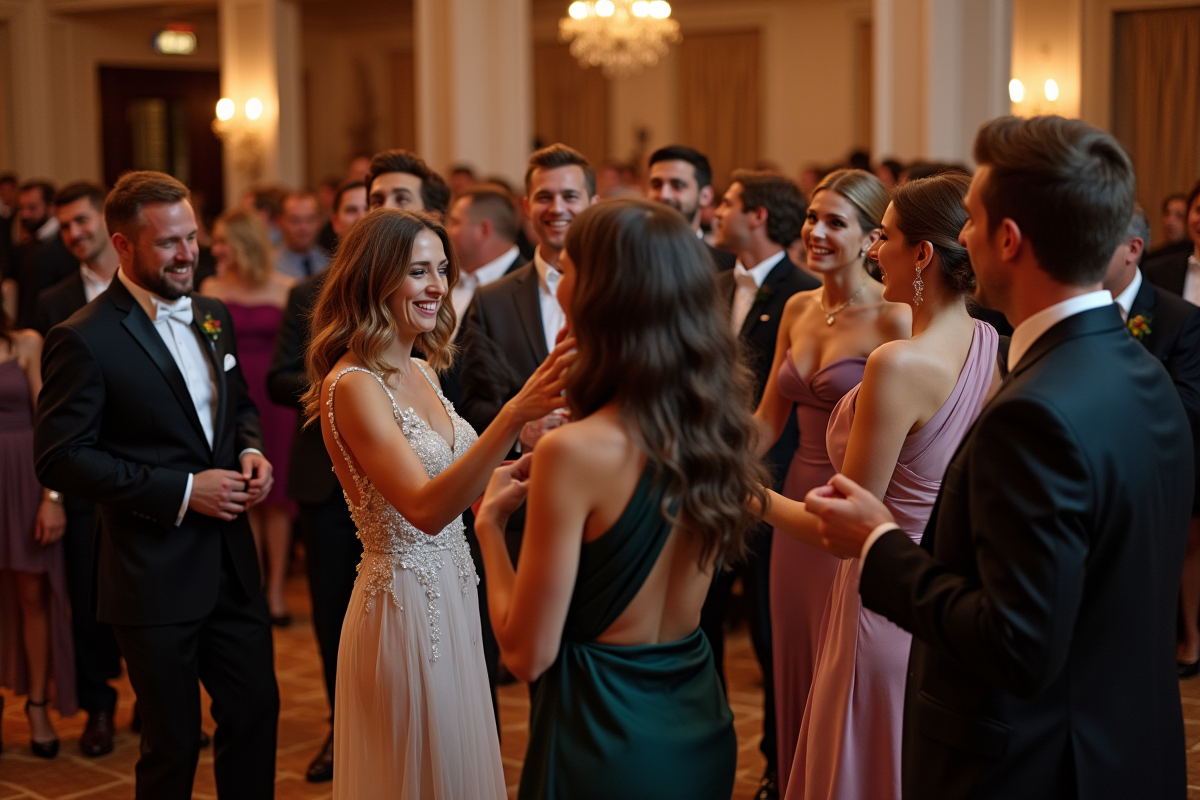 Groupe diversifié de convives dansant lors d