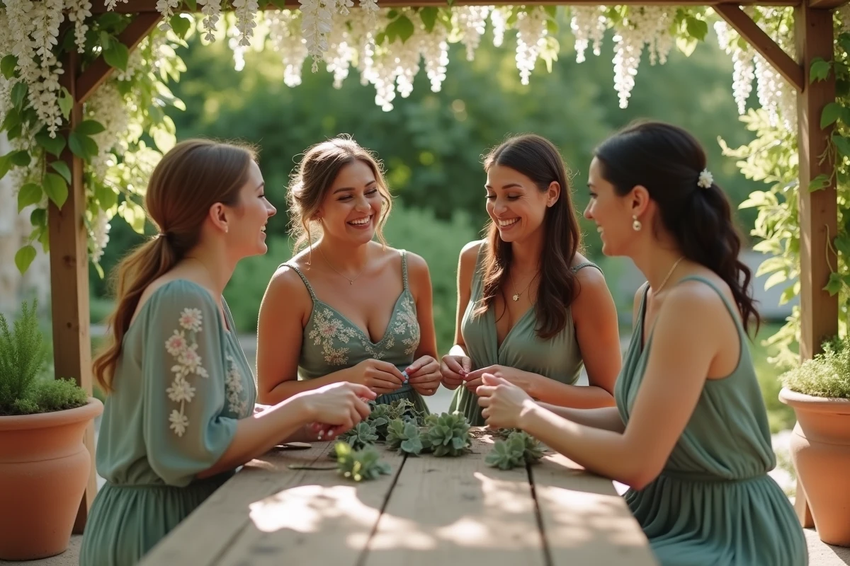 Groupe de demoiselles d'honneur en robes vertes coordonnées autour d'une table sous une pergola fleurie