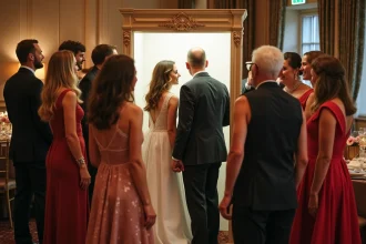 Groupe d'invites élégants autour d'un photobooth mariage