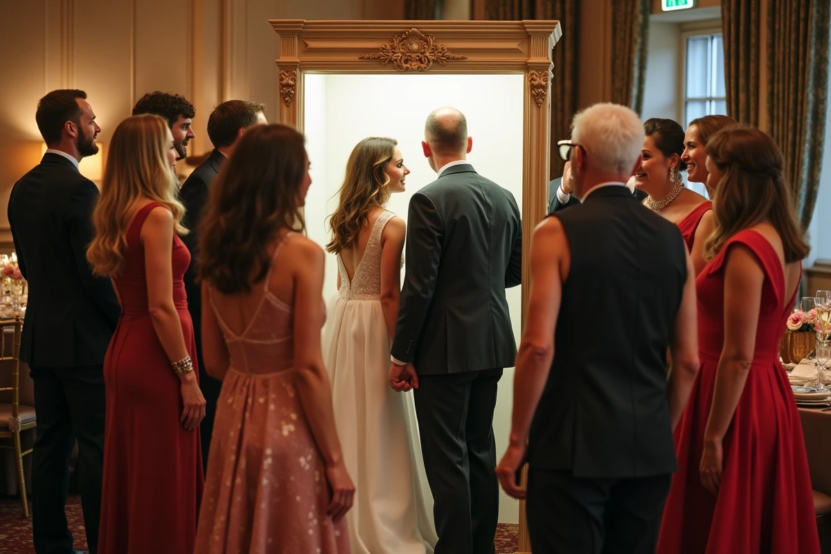 Groupe d'invites élégants autour d'un photobooth mariage