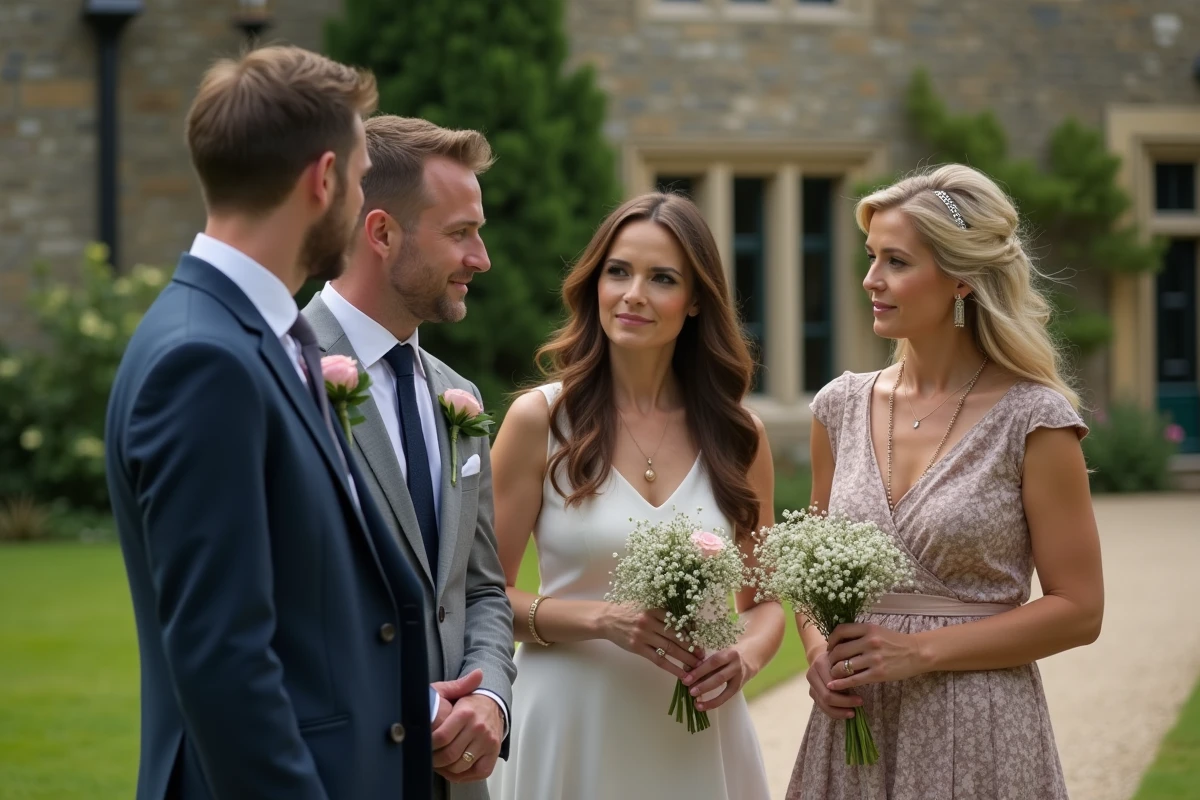 Groupe de mariés en extérieur dans un jardin calme