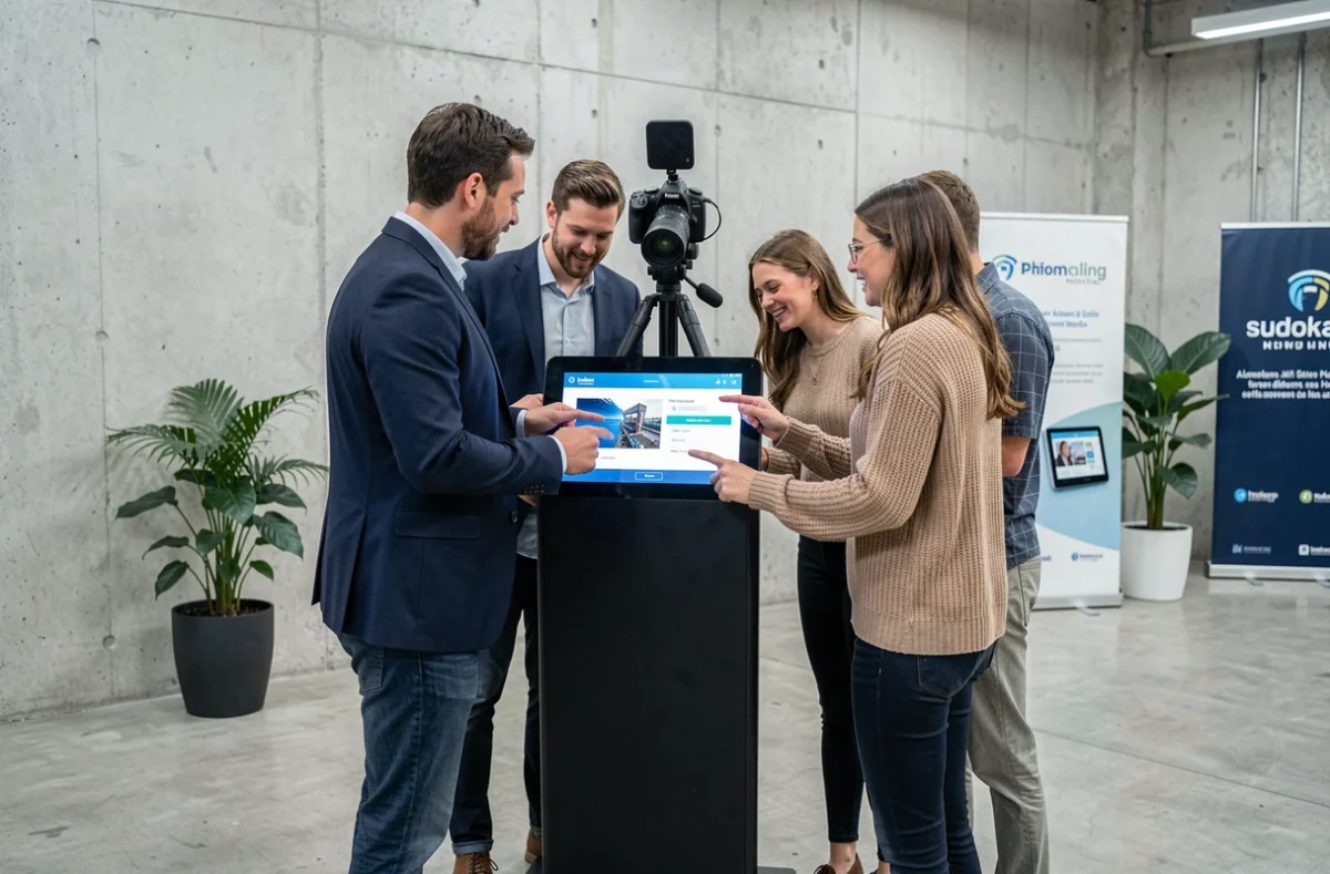 Groupe d'amis interagissant avec un photobooth numérique shootnbox lors d'un événement d'entreprise moderne