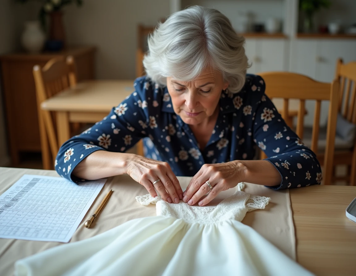 Grand-mère mesurant une robe de mariage pour bébé posée sur une table avec un guide des tailles, lors d'un essayage à domicile