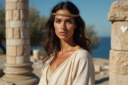 Femme en tenue drapée ivoire devant une colonne de temple grec antique, symbolisant la déesse Héra protectrice des femmes