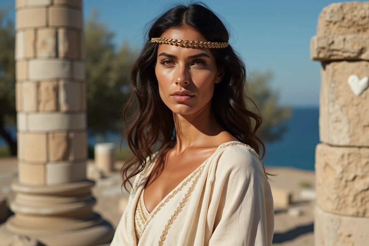 Femme en tenue drapée ivoire devant une colonne de temple grec antique, symbolisant la déesse Héra protectrice des femmes