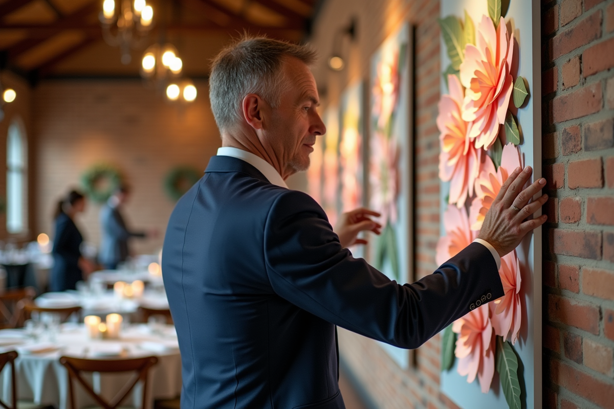 Homme en costume ajustant un mural en papier lors d’un mariage