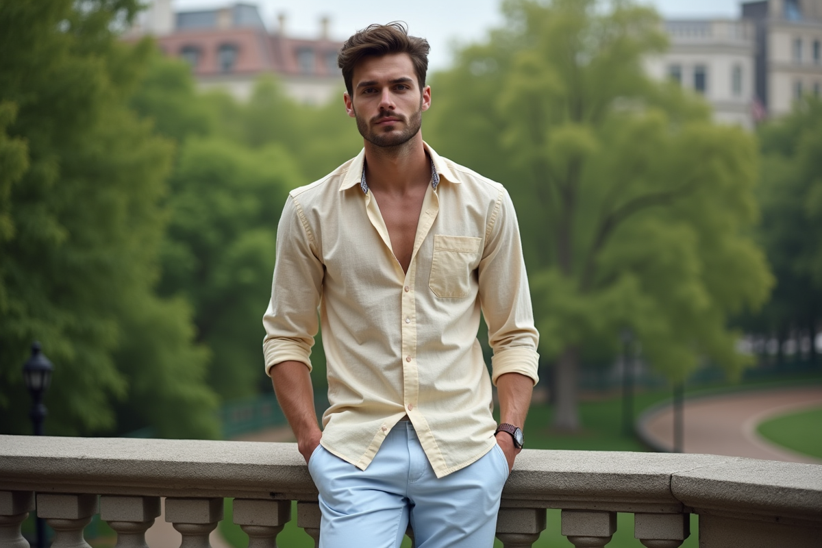 Homme décontracté sur un balcon avec vue sur un parc urbain