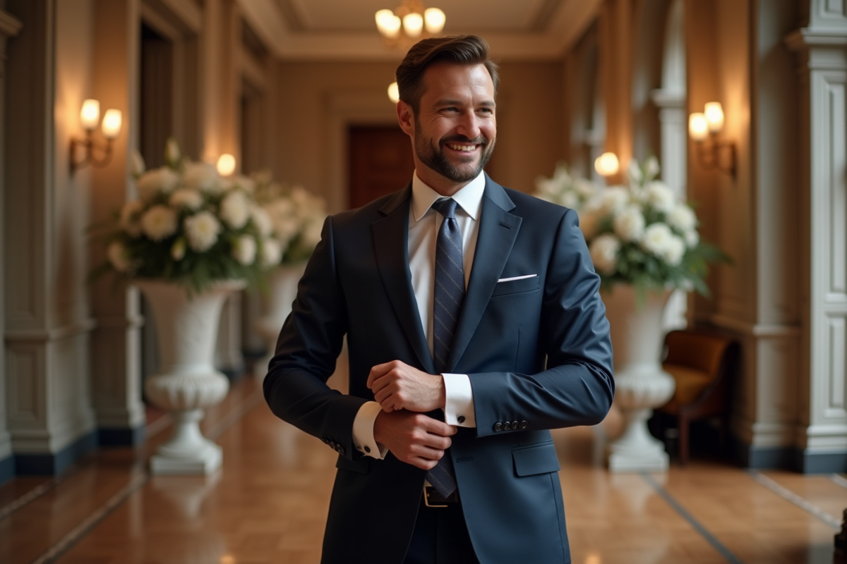 Homme en costume navy ajustant ses manchettes avec sourire