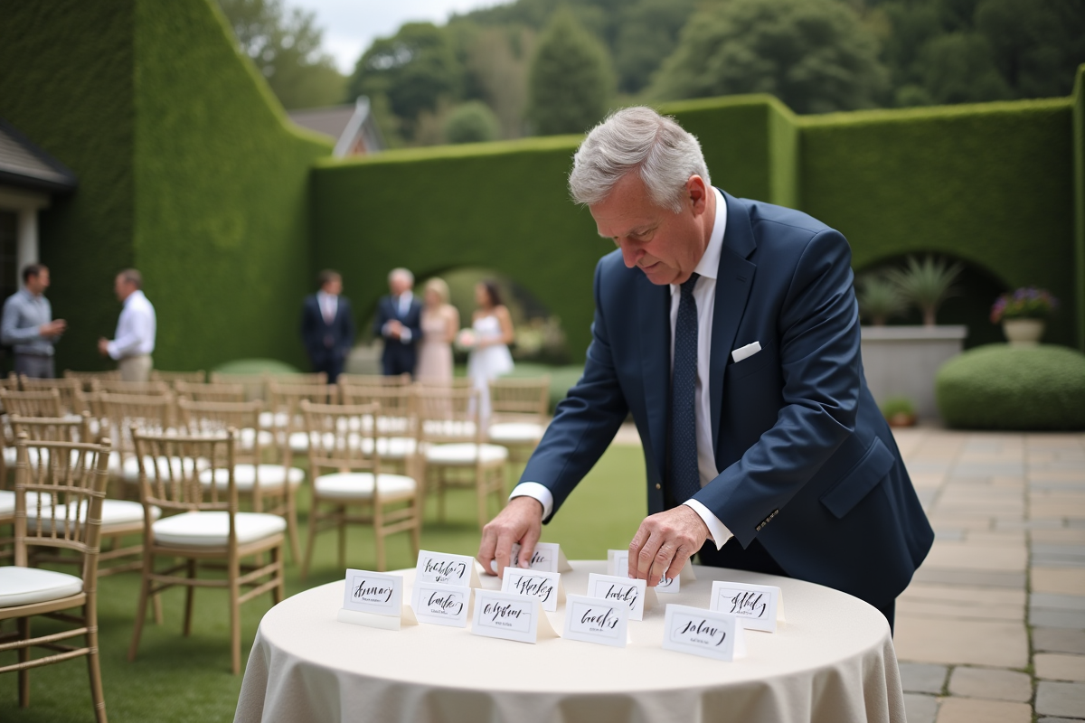 Homme en costume navy plaçant des cartes de nom sur une table extérieure