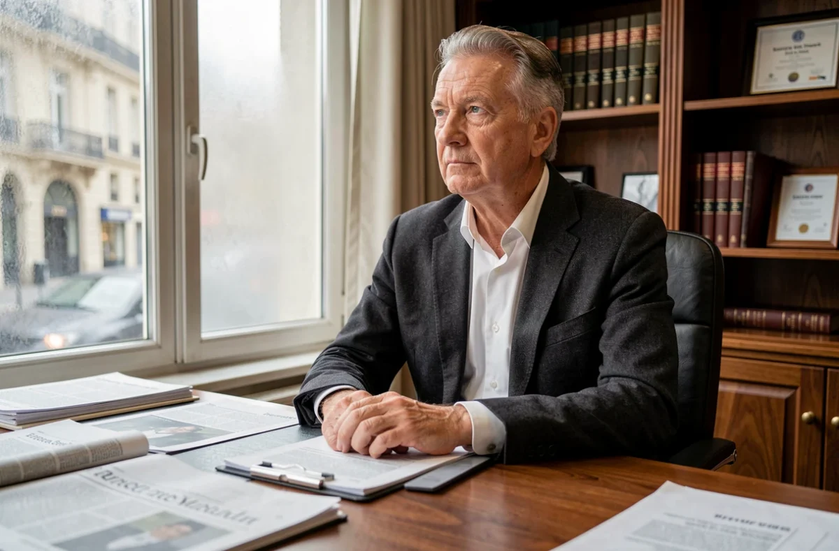 Homme distingué d'âge mûr assis à un bureau parisien avec journaux et documents, portrait professionnel éditorial