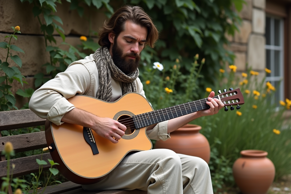 Homme jouant de la guitare dans un jardin paisible