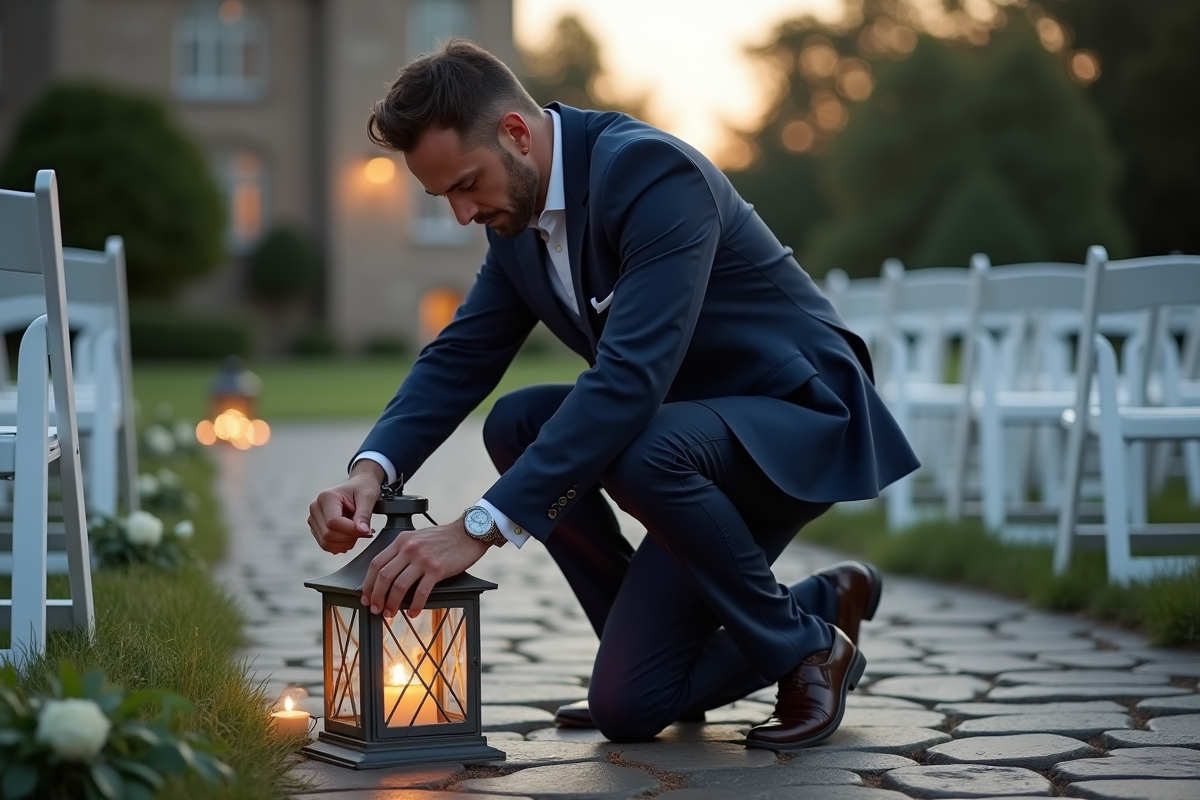 Homme en costume nouant un ruban autour d