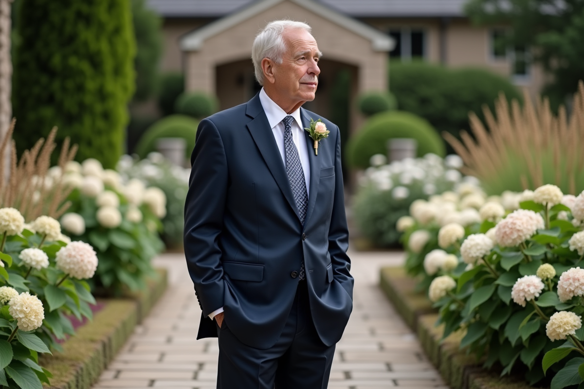 Homme en costume bleu dans un jardin de mariage en extérieur